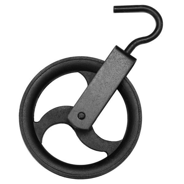 Eine Umlenkrolle aus Metall mit Haken zur Befestigung.