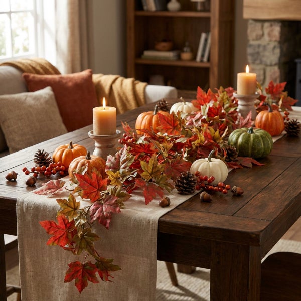 Herbstliche Tischdekoration mit einer Girlande aus Ahornblättern, künstlichen Kürbissen, Tannenzapfen, Beeren und zwei Kerzen auf einem Holztisch.