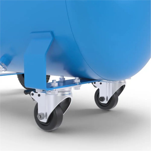 Detailansicht eines Druckluftbehälters mit Rädern für den mobilen Einsatz.