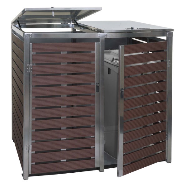 Mülltonnenbox aus Metall und Holzlatten mit geöffnetem Deckel und Tür