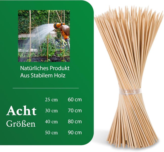Ein Bündel spitzer Holzstäbe für Pflanzen, erhältlich in acht Größen von 25 bis 90 Zentimeter, mit Anwendungsbeispiel im Garten.