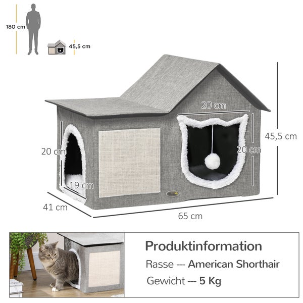 PawHut Katzenhöhle, Katzenhaus mit Kratzfläche, Katzenhütte mit Doppeltüren, Kuschelhöhle mit Kissen, Katzenbett mit Spielball, Polyester, Grau, 65 x 41 x 45,5 cm