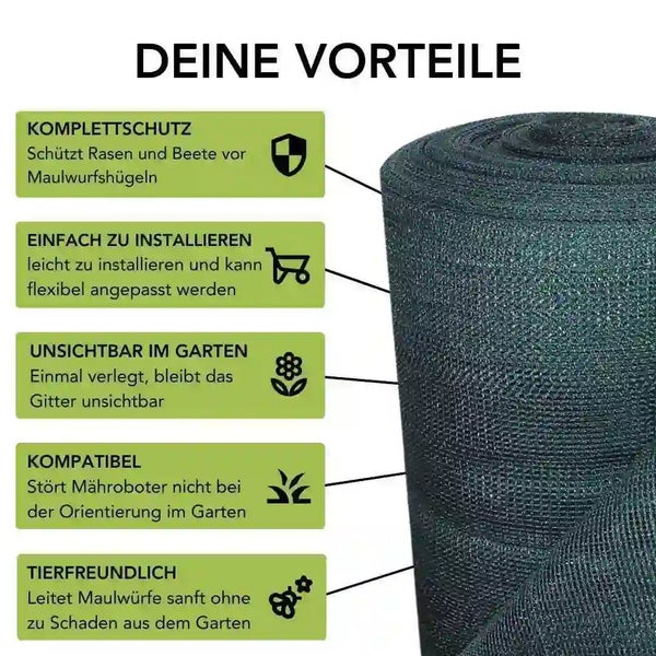 Infografik mit den Vorteilen eines Maulwurfschutzgitters für den Garten, wie Schutz vor Maulwurfshügeln, einfache Installation und Kompatibilität.