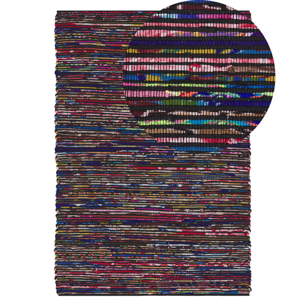 Bunter Flickenteppich aus Baumwolle mit gewebtem Streifenmuster und Detailansicht der Textur.