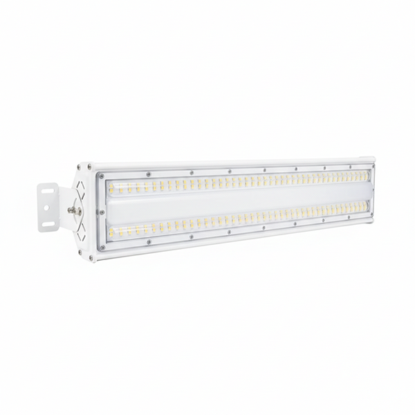 Weißer LED-Wandfluter mit Montagehalterung und zwei Reihen LED-Lichtquellen.