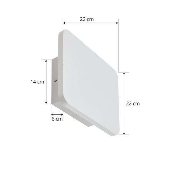 Wandleuchte mit Maßangaben: Breite 22 Zentimeter, Höhe 22 Zentimeter, Tiefe 6 Zentimeter und Montagebox 14 Zentimeter.