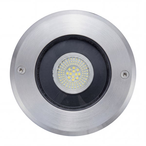 Runde LED-Bodeneinbauleuchte aus Edelstahl mit integriertem Leuchtmittel für den Außenbereich.