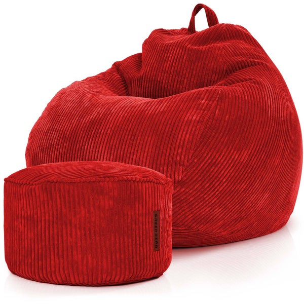 Green Bean 2er Set Indoor XXL Sitzsack + Pouf mit EPS-Perlen Füllung - Fußhocker Fußkissen Hocker Bodenkissen Liegekissen Sitzkissen Lounge Chair - Rot