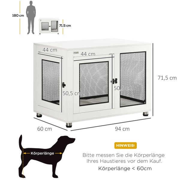 PawHut Hundekäfig für Zuhause, Hundebox mit 2 Türen, Waschbaren Kissen, Hundehütte mit Verstellbare Füße, Riegel, für große Hunde bis 30 kg, Weiß, 94 x 60 x 71,5 cm