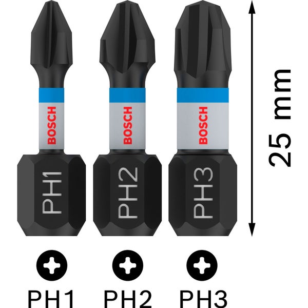 Bosch PRO Phillips Impact Bit PH1; PH2; PH3 25 mm 3-tlg. - 2608522470