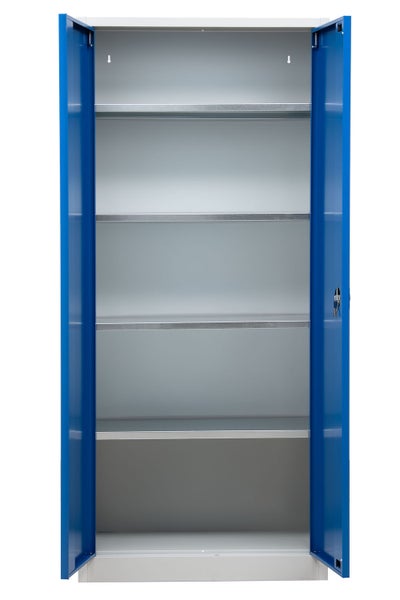 PROREGAL Flügeltürenschrank Badger 4 Fachböden Eurolock Griff Sockel HxBxT 180 x 80 x 38 cm Grau-Blau Verzinkt