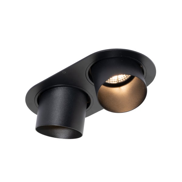 Zweiflammiger Deckenstrahler schwarz, zylindrische schwenkbare Spots, warmes Licht.