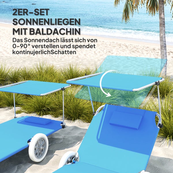 Outsunny 2er Set Sonnenliege klappbar Gartenliege mit Kopfkissen Dach, Rolle Liegestuhl mit verstellbare Rückenlehne, wetterfeste Campingliege, Gartenstuhl bis 120 kg belastbar, für Garten Pool, Blau