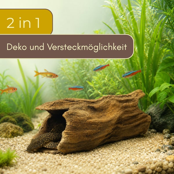 Aquarium-Deko Baumstamm als Versteck für Fische im Aquarium mit Text zwei in eins Deko und Versteckmöglichkeit.
