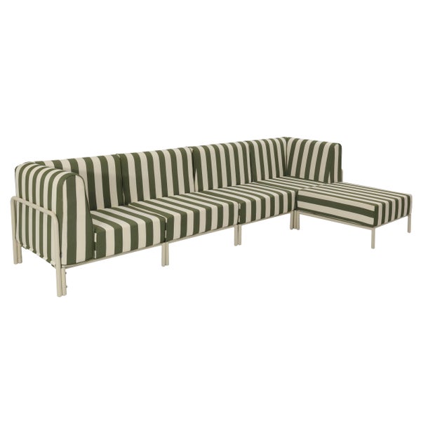Modulares Garten-Ecksofa mit gestreiften Polstern und Metallgestell inklusive passendem Hocker.