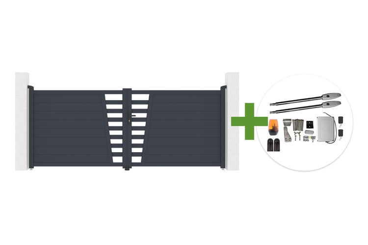Zweiflügeliges Einfahrtstor aus anthrazitfarbenem Aluminium mit horizontalen Lamellen inklusive elektrischem Torantrieb und Zubehör.