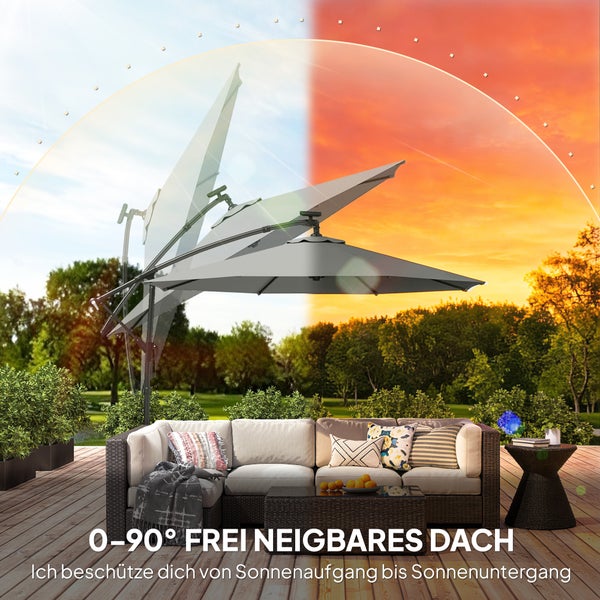 Ampelschirm auf einer Terrasse mit Loungemöbeln. Das Dach ist von 0 bis 90 Grad neigbar für Sonnenschutz von morgens bis abends.