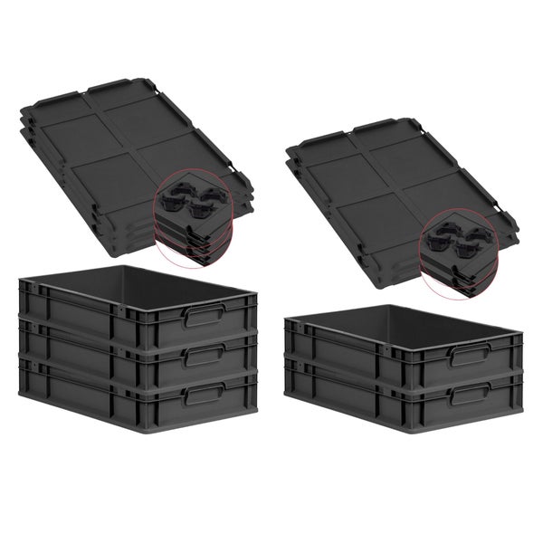 PROREGAL SparSet 5x Eurobox NextGen Grip mit Auflagedeckel inkl. 4 schwarzen Schiebeschnappverschlüssen, HxBxT 12x40x60cm, 23 Liter, Schwarz, Griffe geschlossen, Eurobehälter, Transportbox, Transportbehälter, Stapelbehälter