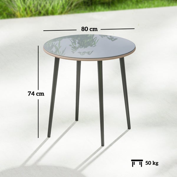 Runder Gartentisch mit Glasplatte, Durchmesser 80 Zentimeter, Höhe 74 Zentimeter, Belastbarkeit 50 Kilogramm.