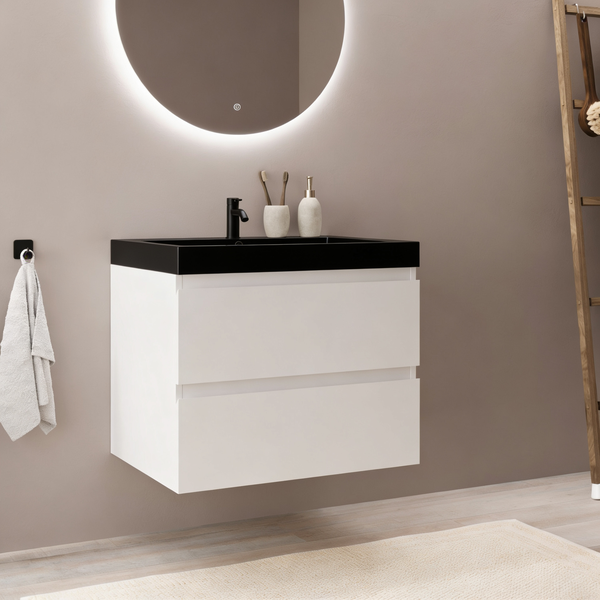 Moderner Waschtischunterschrank mit zwei Schubladen und dunklem Waschbecken in einem stilvoll eingerichteten Badezimmer.