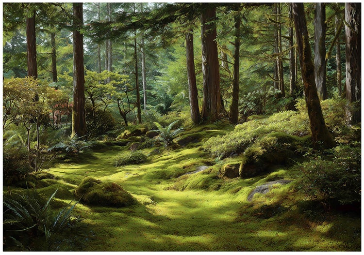 Moosbewachsener Weg durch einen Nadelwald