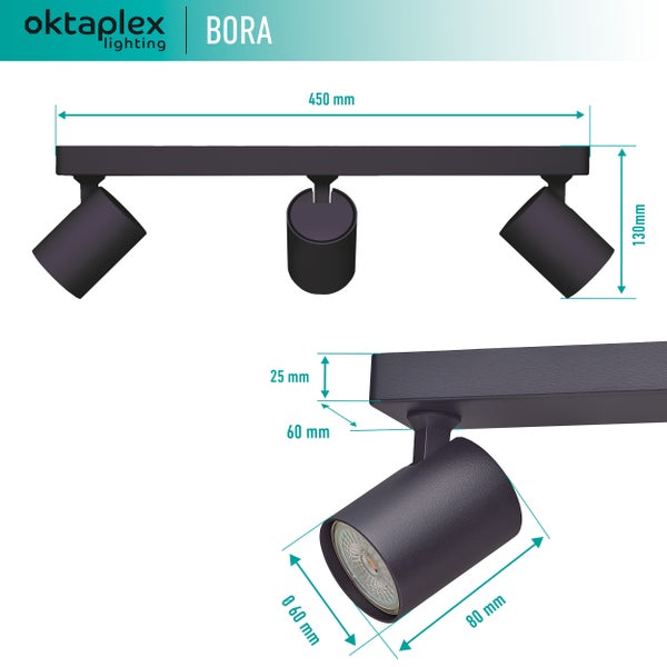 Bora Deckenstrahler 3 flammig GU10 LED Spotbalken 45 cm schwenkbar Schwarz Wand- und Deckenmontage zeitlos elegant