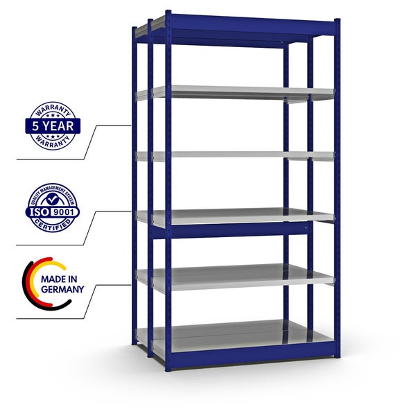 PROREGAL Fachbodenregal Stecksystem Vierkant-Profil Grundregal HxBxT 250 x 132,5 x 40 cm 2x6 Ebenen Doppelseitige Bauart Fachlast 200 kg Enzianblau