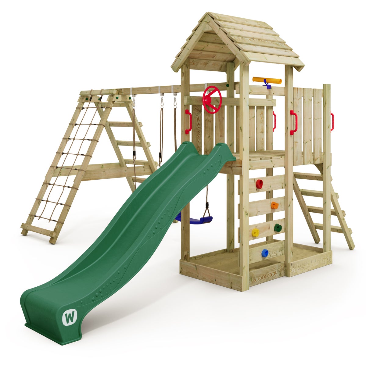 WICKEY Spielturm Klettergerüst RocketFlyer mit Schaukel und Rutsche, Kletterturm mit Sandkasten, Kletteranbau und Spiel-Zubehör - grün