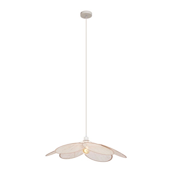 Pendelleuchte mit Schirm in Blütenform aus Geflecht.