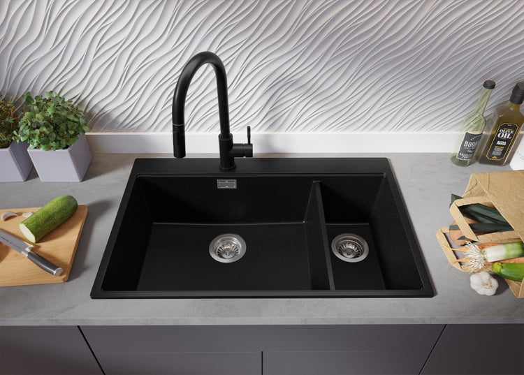PRIMAGRAN Spülbecken Alles Schwarz 78x50cm, Granitspüle 2 Becken + Ablauf-Set + Schneidebrett, Küchenspüle ab 80er Unterschrank - Oslo Duo