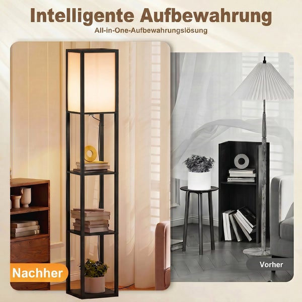 Vergleichsbild einer Raumecke vor und nach der Nutzung einer Stehlampe mit integrierten Regalböden als platzsparende Aufbewahrungslösung.