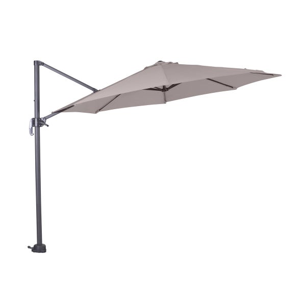 Quadratischer Ampelschirm in Taupe mit Aluminiumgestell und Polyesterbezug für den Garten.