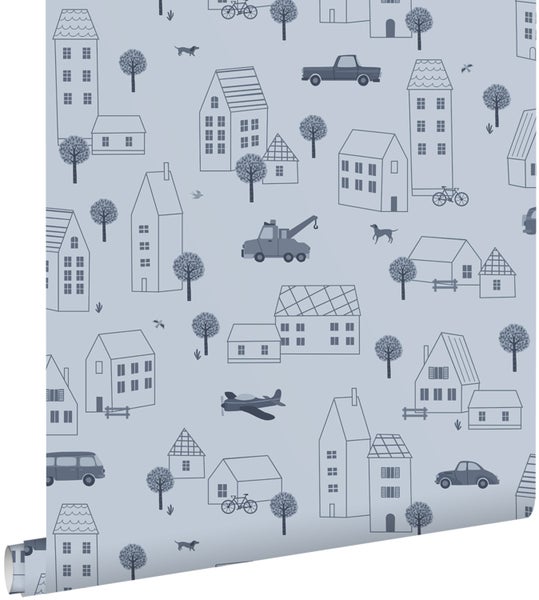 Tapetenrolle mit Stadtmotiv, Häusern, Bäumen und Fahrzeugen