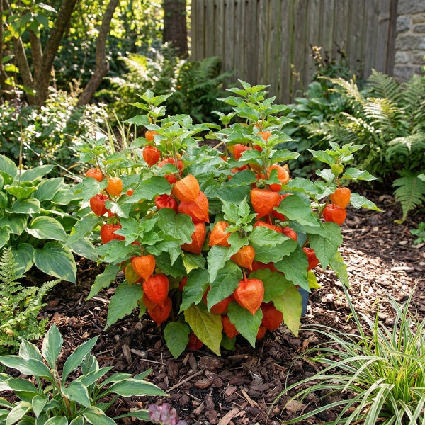 Lampionblume mit orangefarbenen Früchten und grünen Blättern in einem gepflegten Gartenbeet mit Rindenmulch, umgeben von Farnen und anderen Pflanzen.