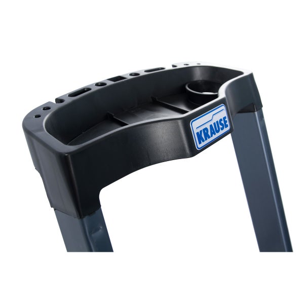 Detailaufnahme einer Leiter mit Ablageschale und Krause Logo.