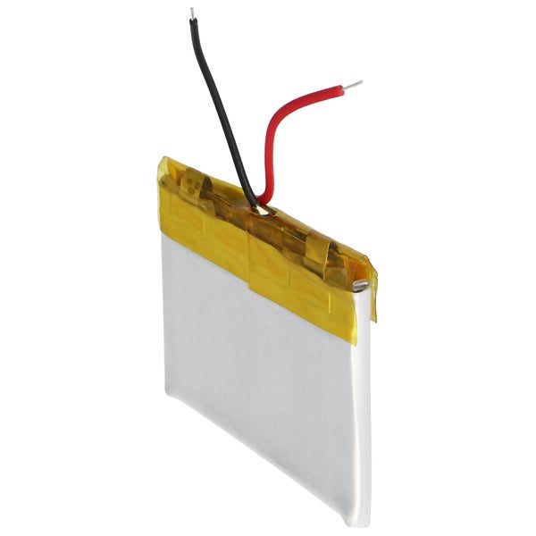 Wiederaufladbarer Lithium-Polymer-Akku mit Anschlusskabeln in Rot und Schwarz sowie gelbem Klebeband.