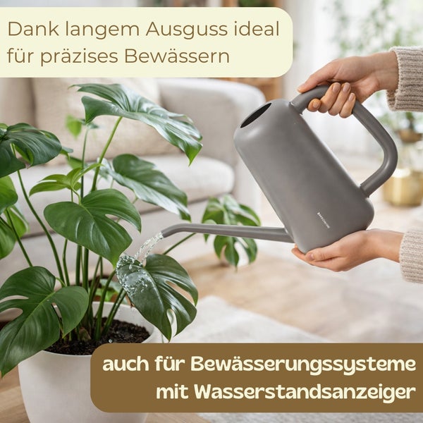 Eine Person nutzt eine graue Gießkanne mit langem Ausguss zur präzisen Bewässerung einer Zimmerpflanze. Auch für Systeme mit Wasserstandsanzeiger.