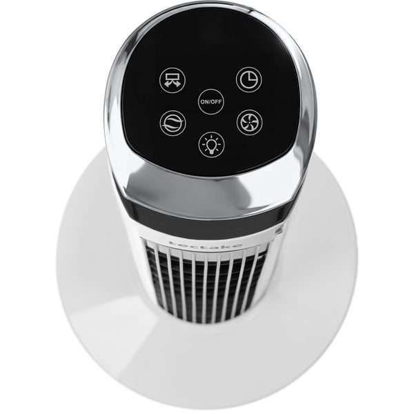 Draufsicht auf das Bedienfeld eines Turmventilators der Marke tectake mit Symbolen für Ein Aus, Timer und Oszillation.