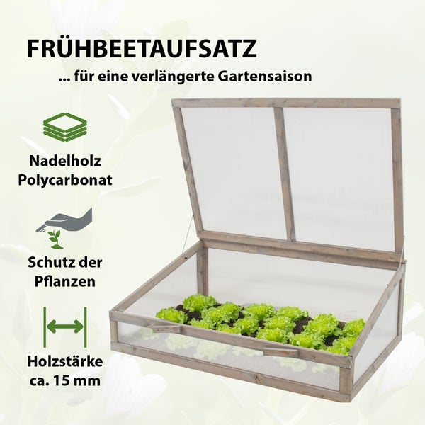 Frühbeetaufsatz aus Holz 120 x 80 cm Frühbeetkasten für Hochbeete Gewächshaus Pflanzkasten in grau