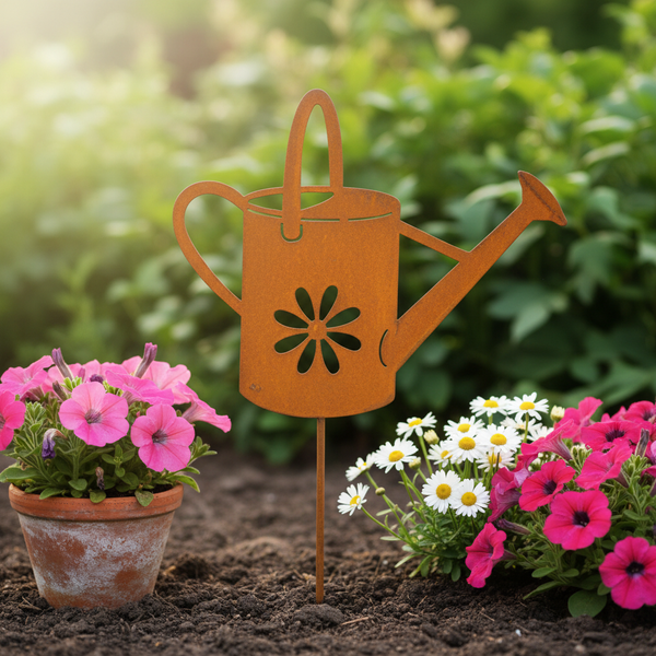 Gartenstecker in Gießkannenform aus Metall mit Rost-Optik und Blumenaussparung in einem hellen, bepflanzten Blumenbeet.