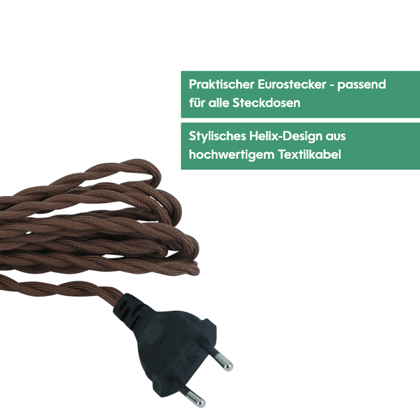 Parus by Venso E27 Lampenfassung Helix 4m Textilkabel Braun, Eurostecker, Venso Ecosolutions Lampenfassung E27 mit Kabel für E27 LED Lampe, Bulb Holder, Kabel für Lampe, Fassung E27