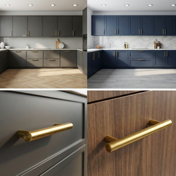 Küchenansicht mit Schränken und Schubladen in zwei verschiedenen Farben und mit Metallgriffen