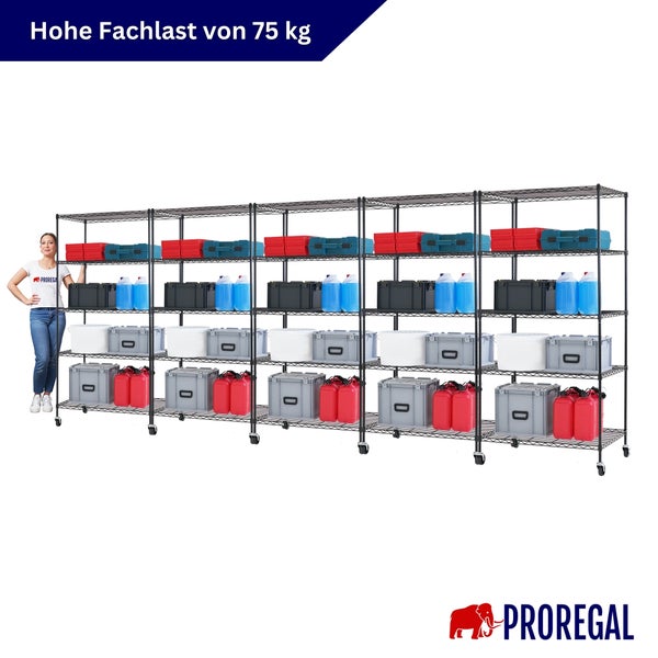 Mobiles Gitterregal aus Metall mit fünf Segmenten auf Rollen, Fachlast 75 Kilogramm pro Boden, Proregal Logo.