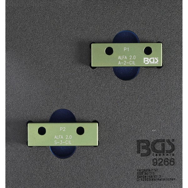 BGS technic Nockenwellen-Einstellwerkzeug für Alfa Romeo 2.0, zwei Metallplatten P1 und P2 in einer Schaumstoffeinlage, BGS technic Logo.