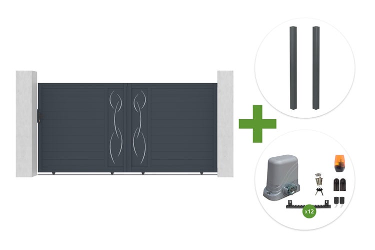 Aluminium-Doppeltor-Set inklusive zwei Pfosten und elektrischem Torantrieb mit Zubehör.