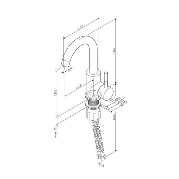 Technische Zeichnung eines Wasserhahns mit Maßen