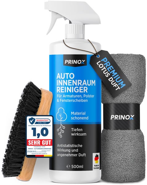 Prinox® Profi Auto Innenraum Reiniger Set 500ml - Cockpitpflege Auto für die Innen Reinigung von Kunststoff, Polster, Leder & Armaturen - Autopflege Innenraumreiniger mit Bürste - Cockpit Reiniger