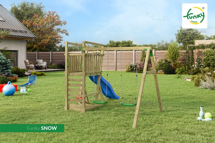 Funky SNOW Kinderspielturm aus Holz mit zwei grünen Schaukeln und einer blauen Rutsche in einem hellen, gepflegten Garten.