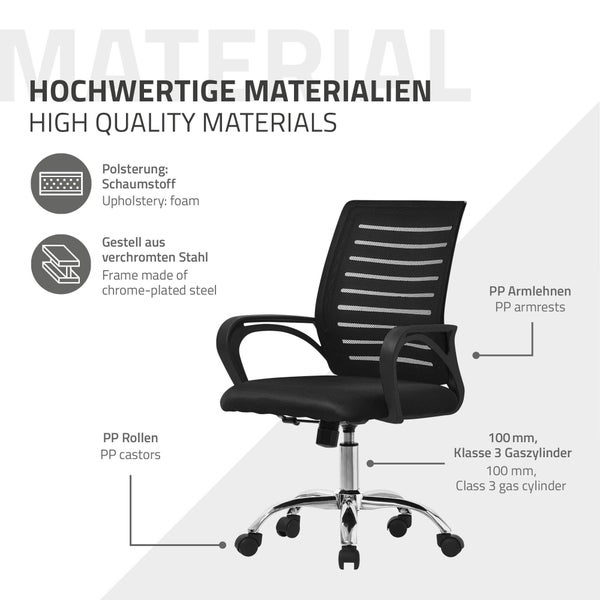ML-Design Bürostuhl ergonomisch, Schwarz, Höhenverstellbarer Schreibtischstuhl mit Armlehnen, Computerstuhl mit atmungsaktiver Netzbespannung, Wippfunktion, 360° Drehstuhl mit Rollen, Gaming Stuhl