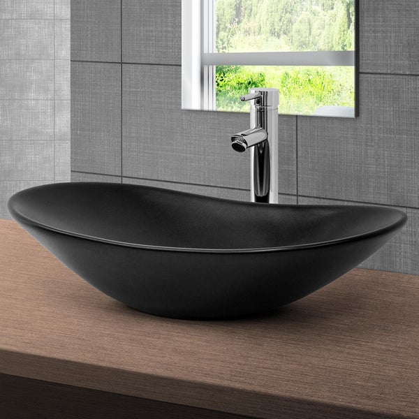 ML-Design Waschbecken aus Keramik in Schwarz matt 63 x 36 x 15,5 cm mit Ablaufgarnitur, Ovale Aufsatzwaschbecken, Moderne Waschtisch Waschschale Waschplatz Handwaschbecken, für Badezimmer / Gäste-WC